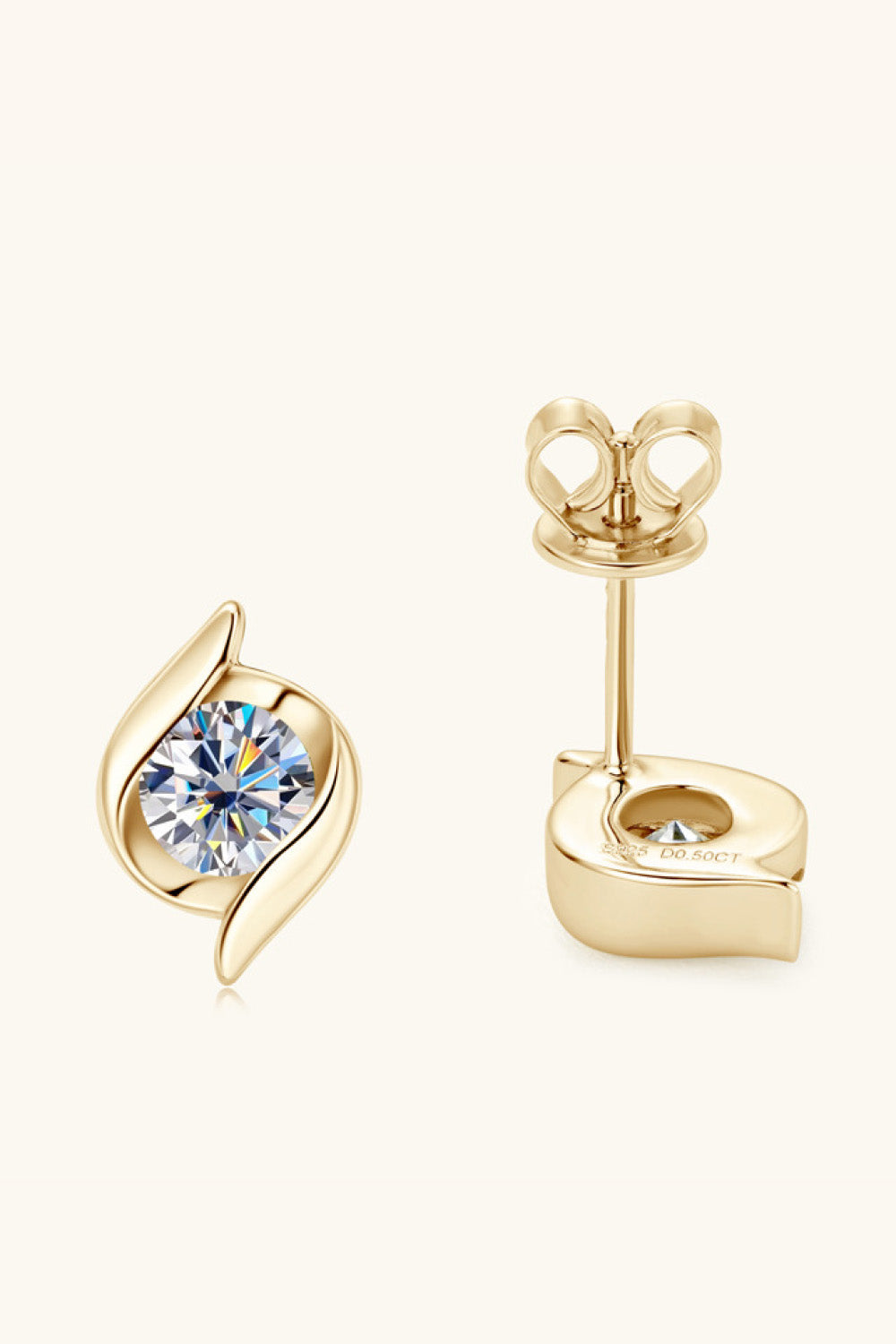 Gold solitaire stud earrings with a sculpted design and a clear round-cut stone.