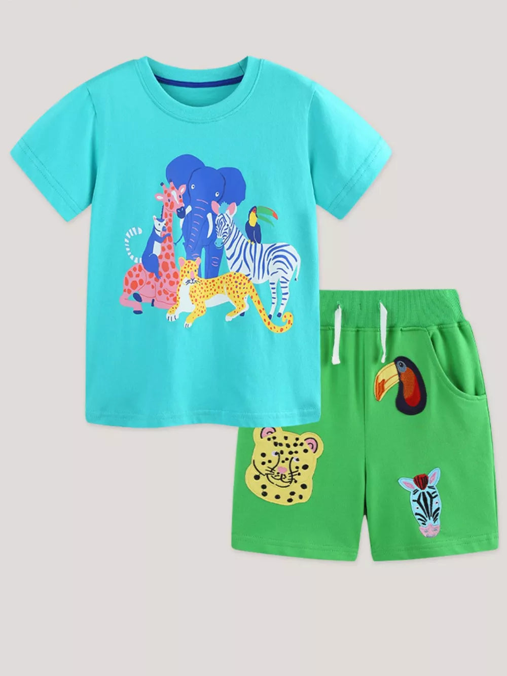 Boys' turquoise cotton tee with jungle animals and green shorts with animal appliques.