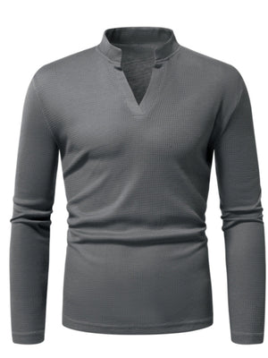 Men's dark gray long sleeve t-shirt with notched V-neck and waffle knit texture.