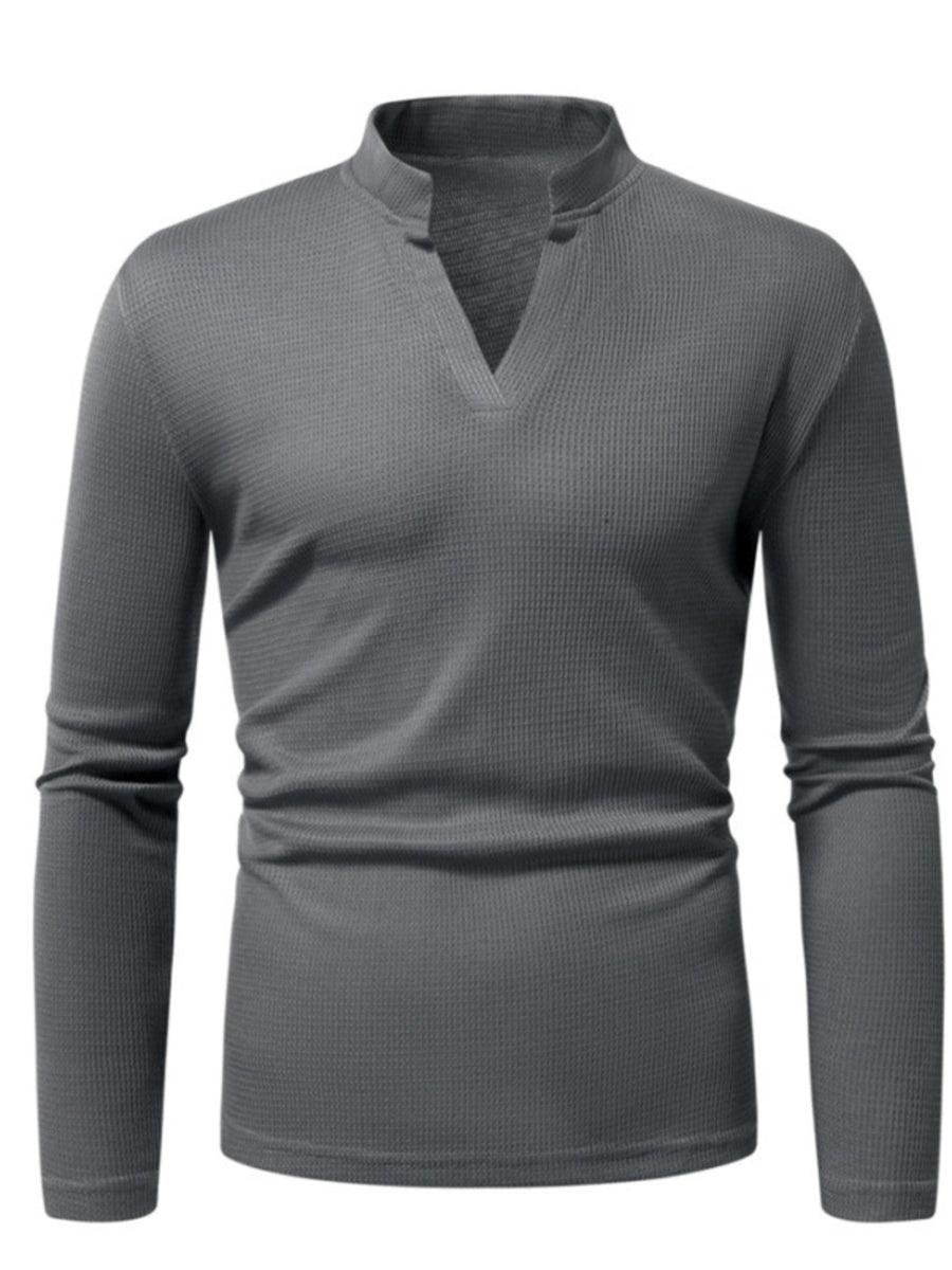 Men's dark gray long sleeve t-shirt with notched V-neck and waffle knit texture.
