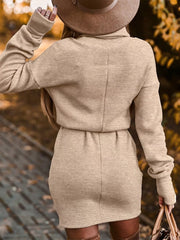 Turtleneck Belted Knit Dress in Khaki