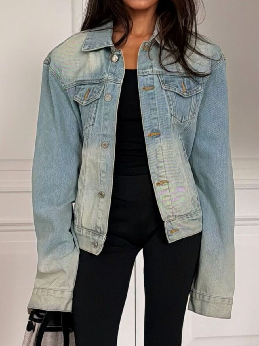 50% cotton, 50% polyester Care instructions: Machine wash cold denim jacket in light blue with relaxed silhouette