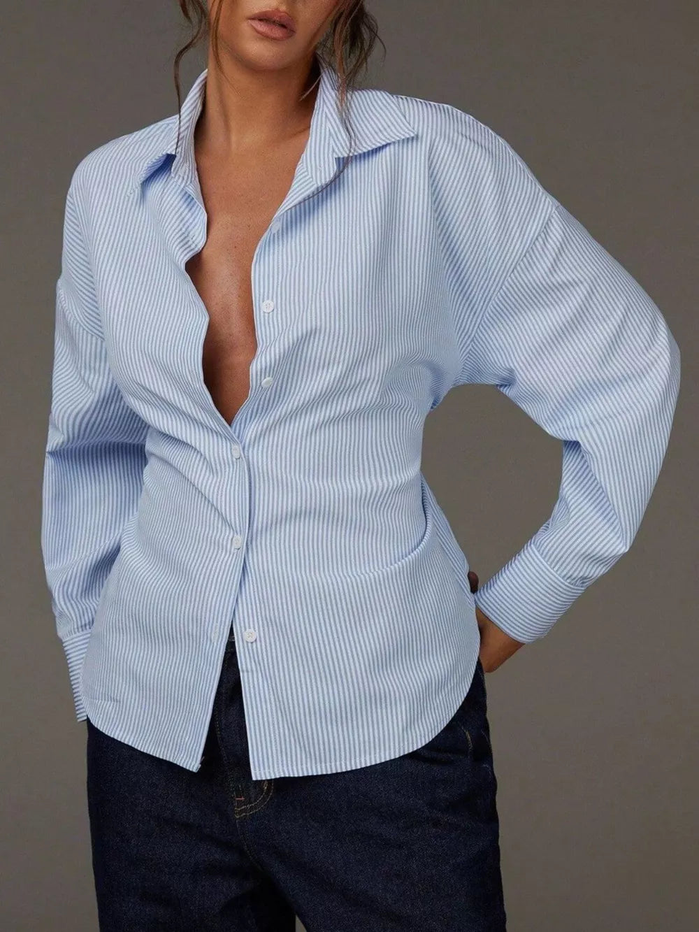 light blue button-down shirt with striped and collared