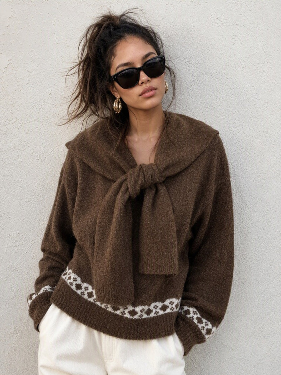 dark brown relaxed pullover sweater with cowl neck