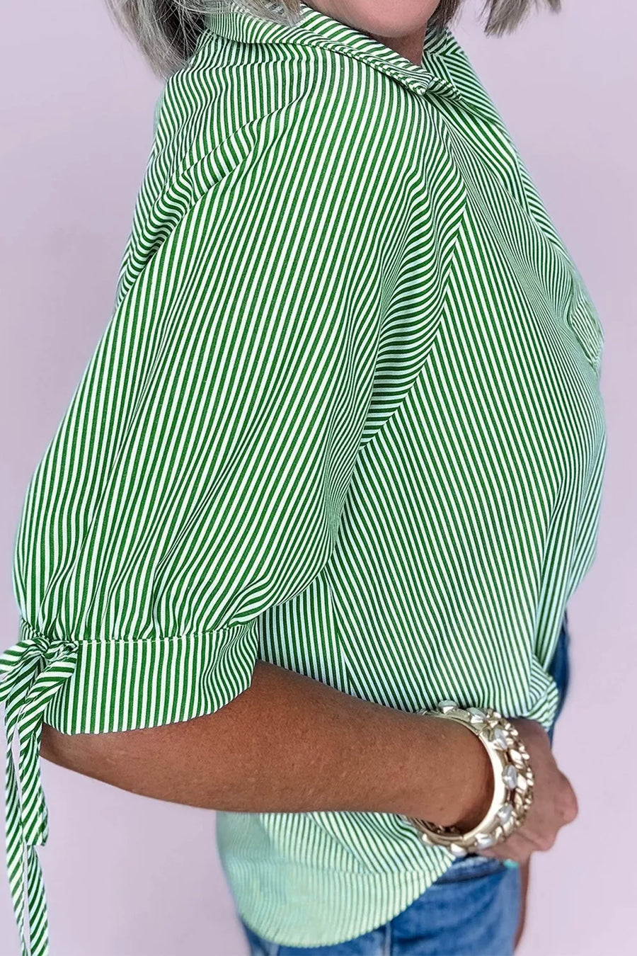 Striped Collared Split Neck Half Sleeve Blouse option 4