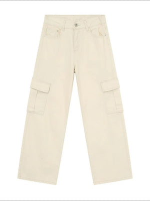 Oversized cargo denim trousers in eggshell with large side pockets and a relaxed fit.