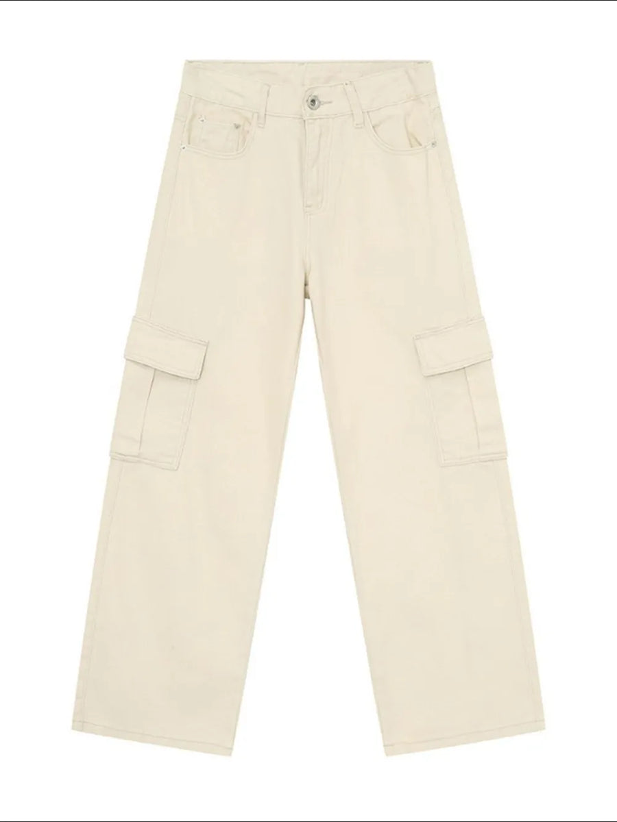 Oversized cargo denim trousers in eggshell with large side pockets and a relaxed fit.