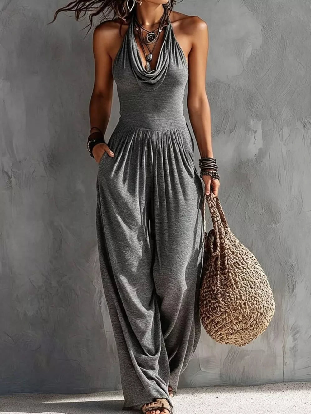 jumpsuit in slate gray featuring pocketed and relaxed fit
