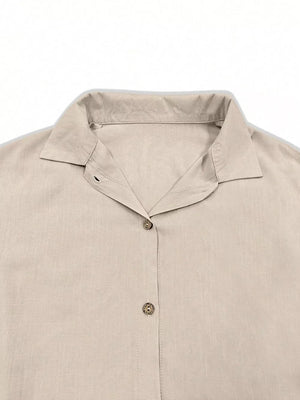 beige button-up shirt with ruffled and flounce sleeve