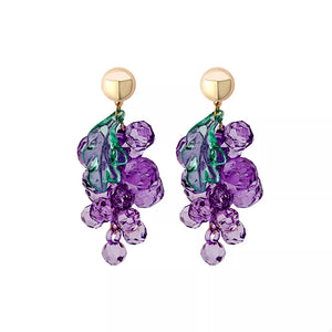 Grape-inspired dangle earrings with purple acrylic beads and green leaves.