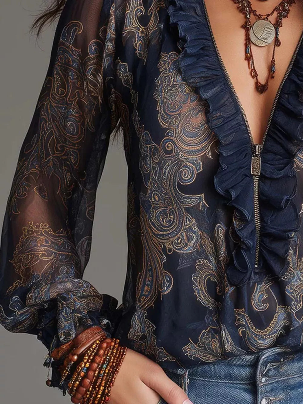 Dark Green blouse with hip-length and zip-front