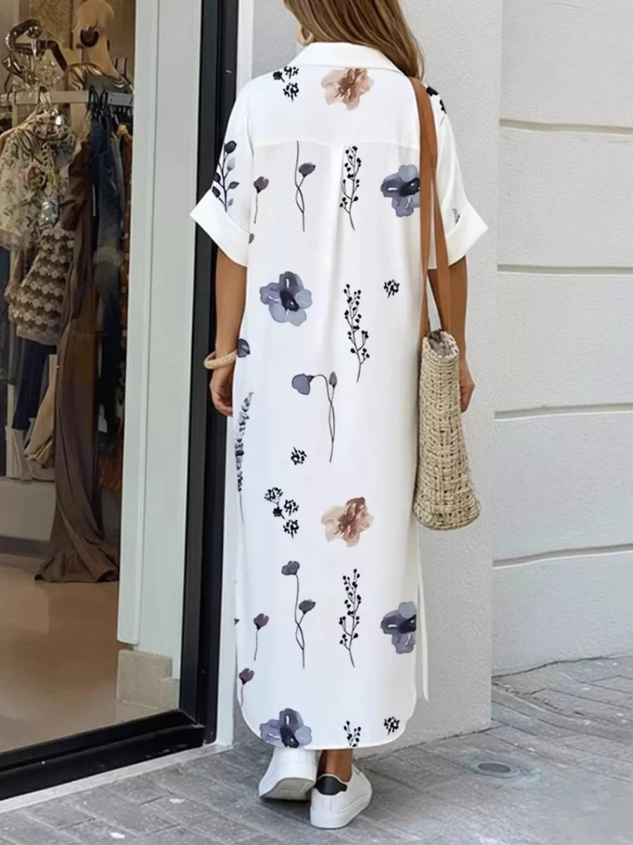 Floral Print Button-down Maxi Shirt Dress in Dusty Blue