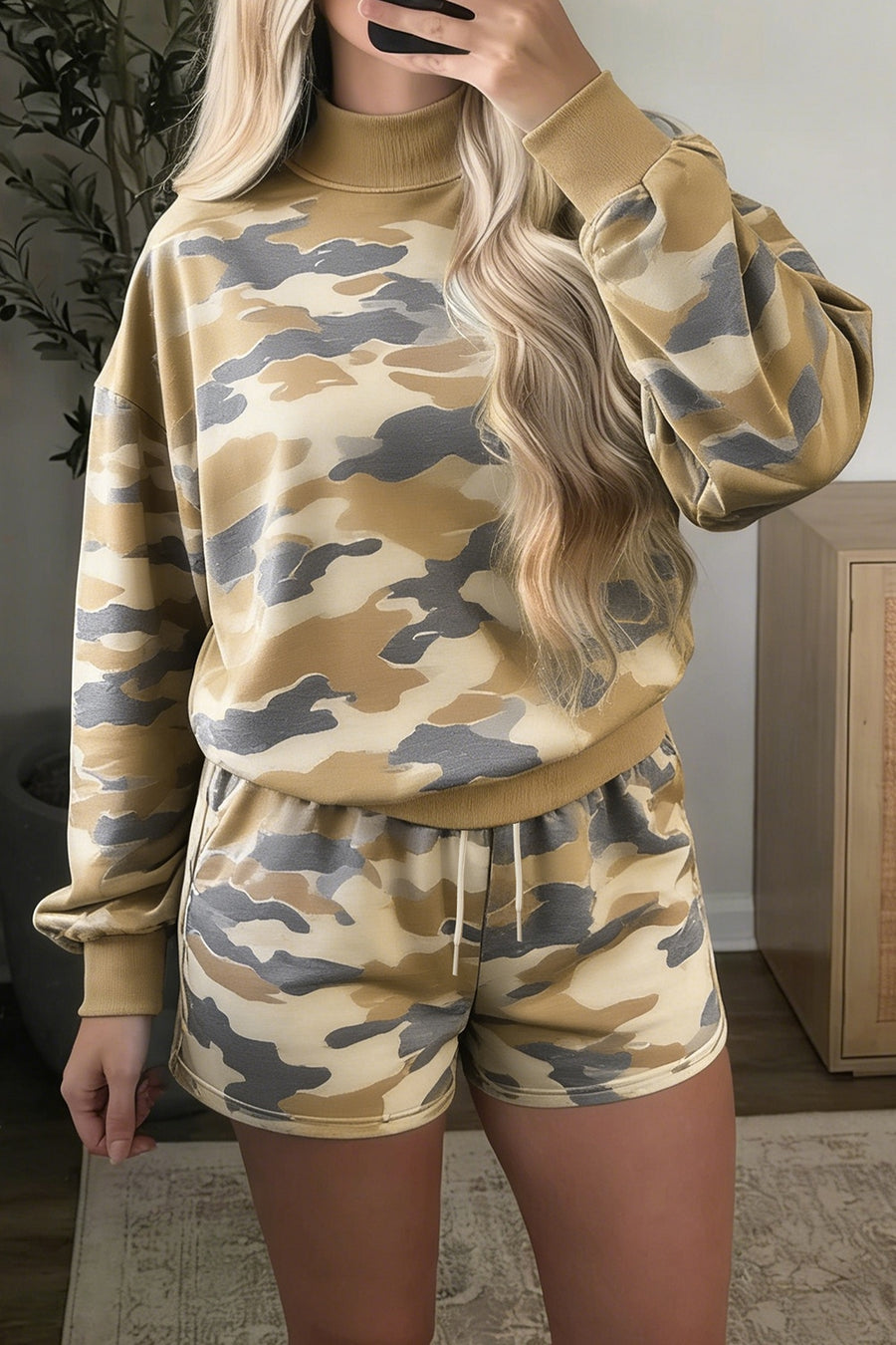 tan lounge set with camo and mock neck