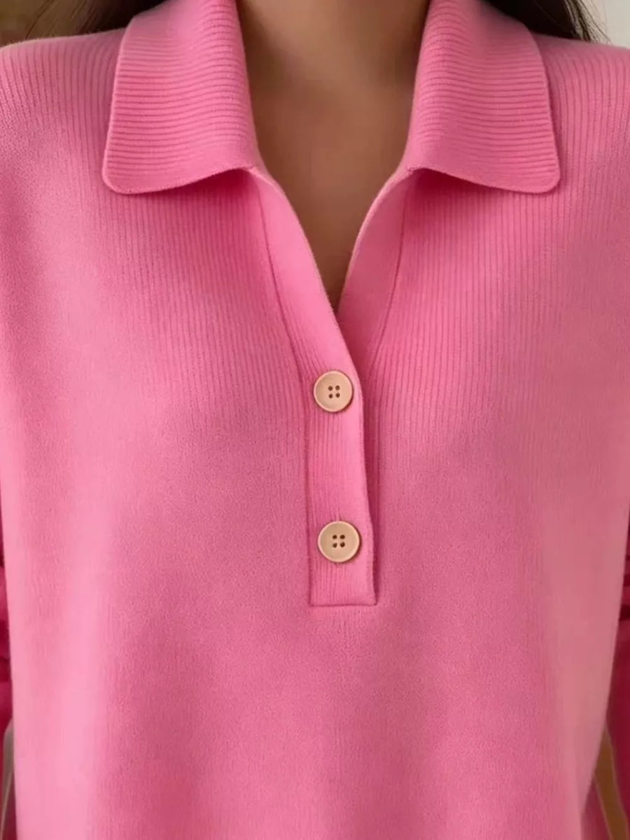 Red Full Size Button Detail Long Sleeve Sweater