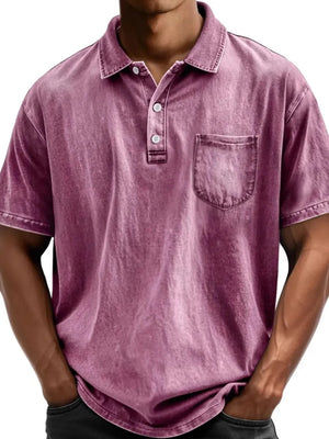 Acid wash relaxed fit polo shirt in Mauve with chest pocket and button placket.