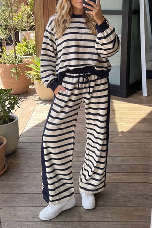 ivory lounge set with striped, color-block and crew neck