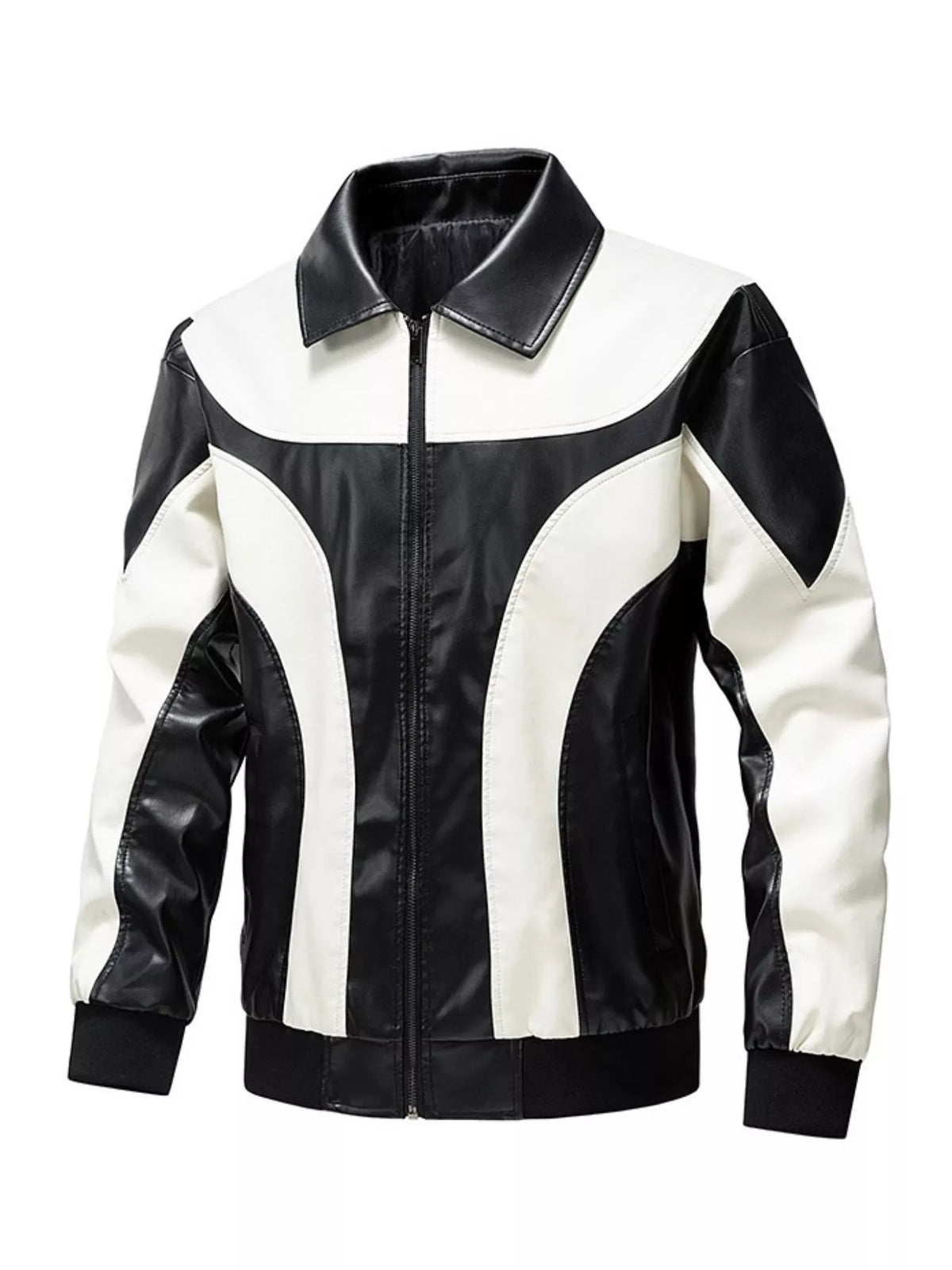 Men's two-tone leather zip jacket with a collared neckline and ribbed cuffs.