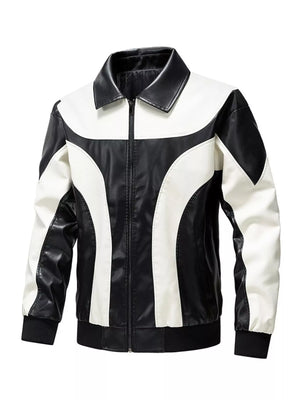 Men's two-tone leather zip jacket with a collared neckline and ribbed cuffs.