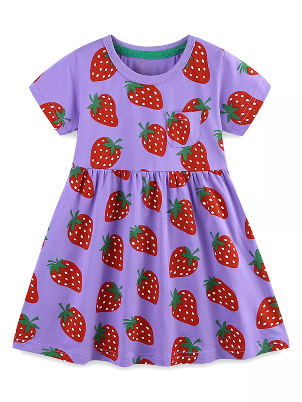 Purple cotton blend toddler dress with allover red strawberry print and chest pocket.