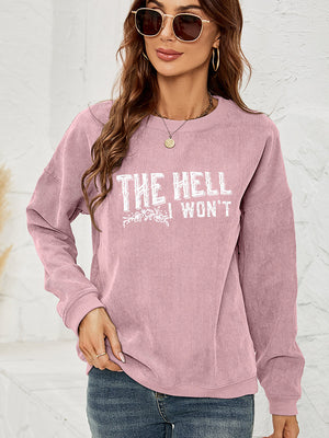 Dusty Pink corduroy crewneck sweatshirt with graphic text and floral detail.