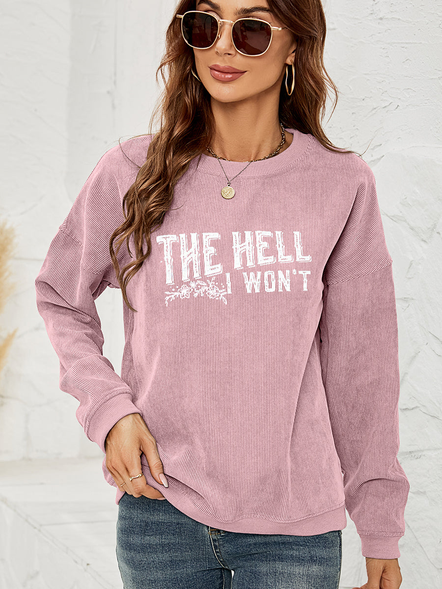 Dusty Pink corduroy crewneck sweatshirt with graphic text and floral detail.