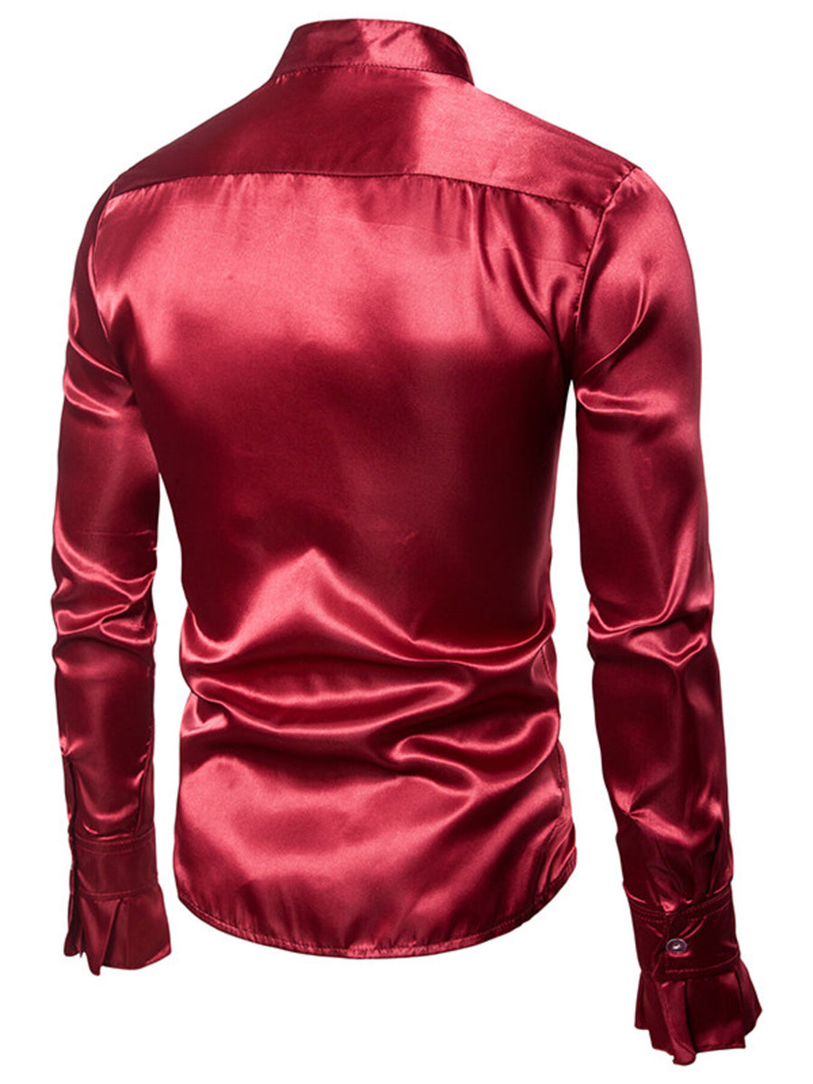Men's burgundy satin ruffle front shirt with buttoned cuffs