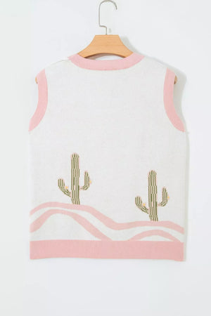 Color Block Cactus Pattern Western Sweater Vest option 12