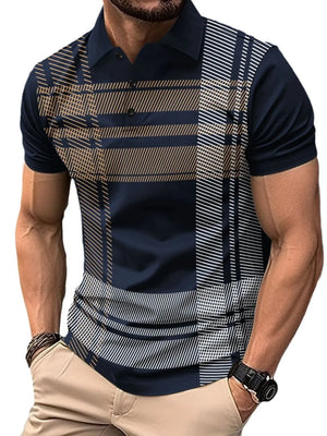 Navy geometric polo shirt with graphic panel, short sleeves, and buttoned collar.