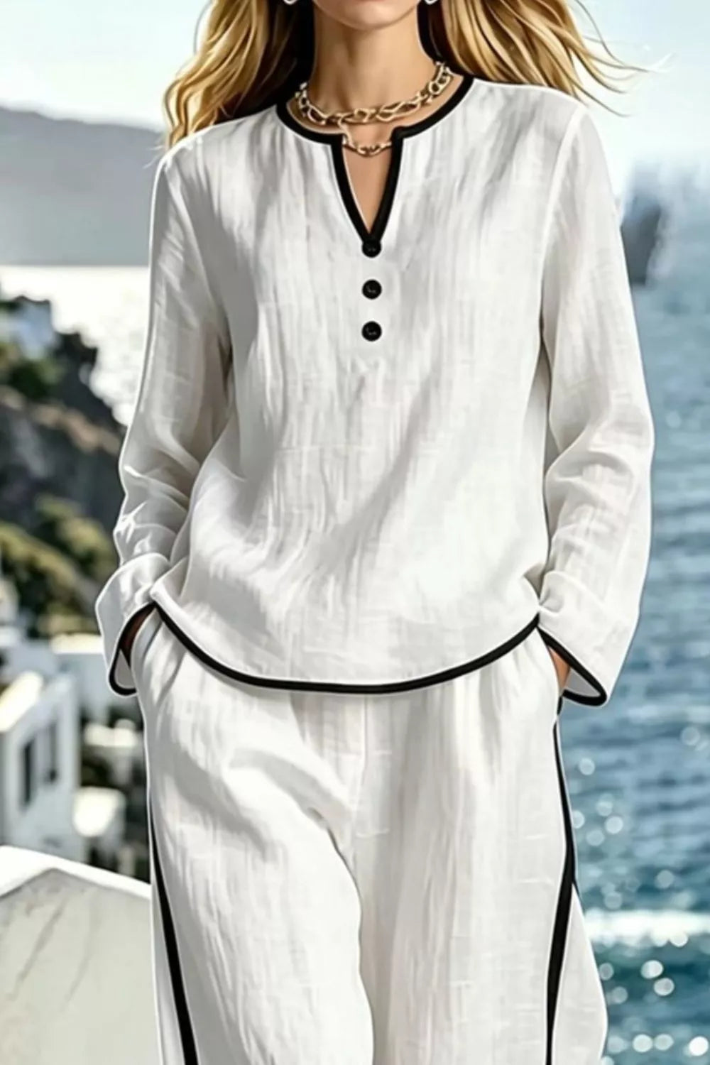 White Contrast Trim Long Sleeve Top And Pants Set