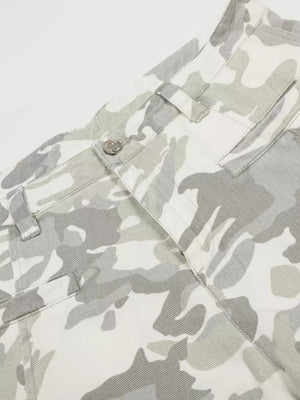 Men's camouflage wide-leg cargo pants with button fly and belt loops.