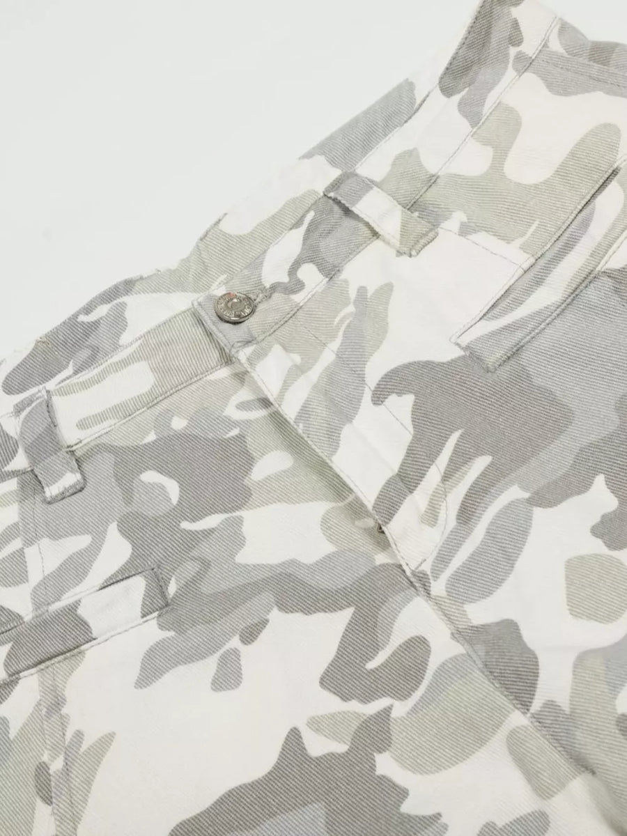 Men's camouflage wide-leg cargo pants with button fly and belt loops.