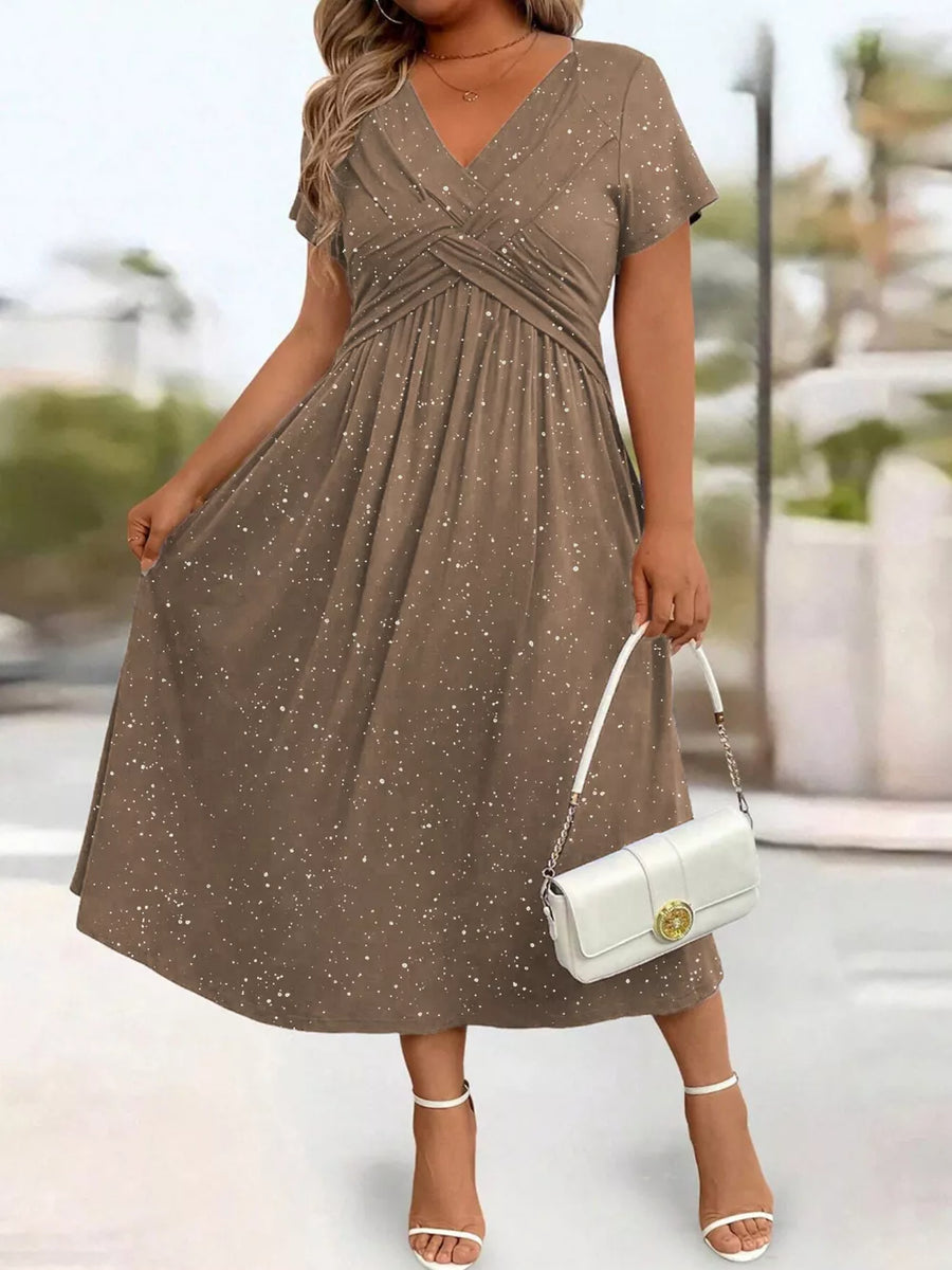 Full Size Glitter Flutter Sleeve Midi Dress Plus Size in Brown