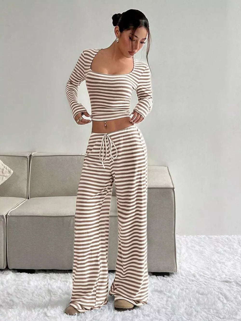 Striped crop top and wide-leg pants loungewear set with drawstring in brown and white.