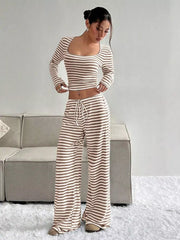 Striped crop top and wide-leg pants loungewear set with drawstring in brown and white.