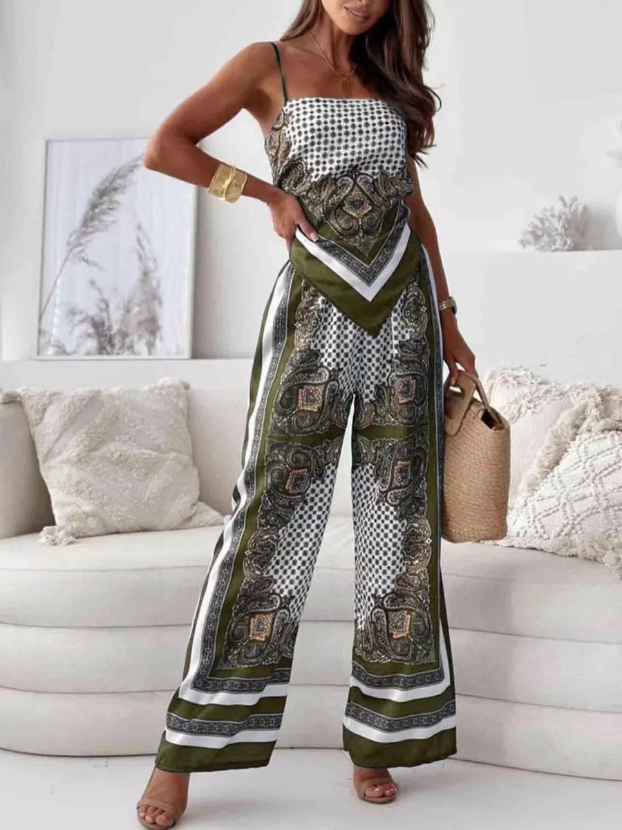 Printed cami and wide-leg pants set in Army Green with paisley and polka dot patterns.