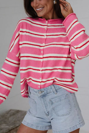 Pink with Striped Button-up Cardigan