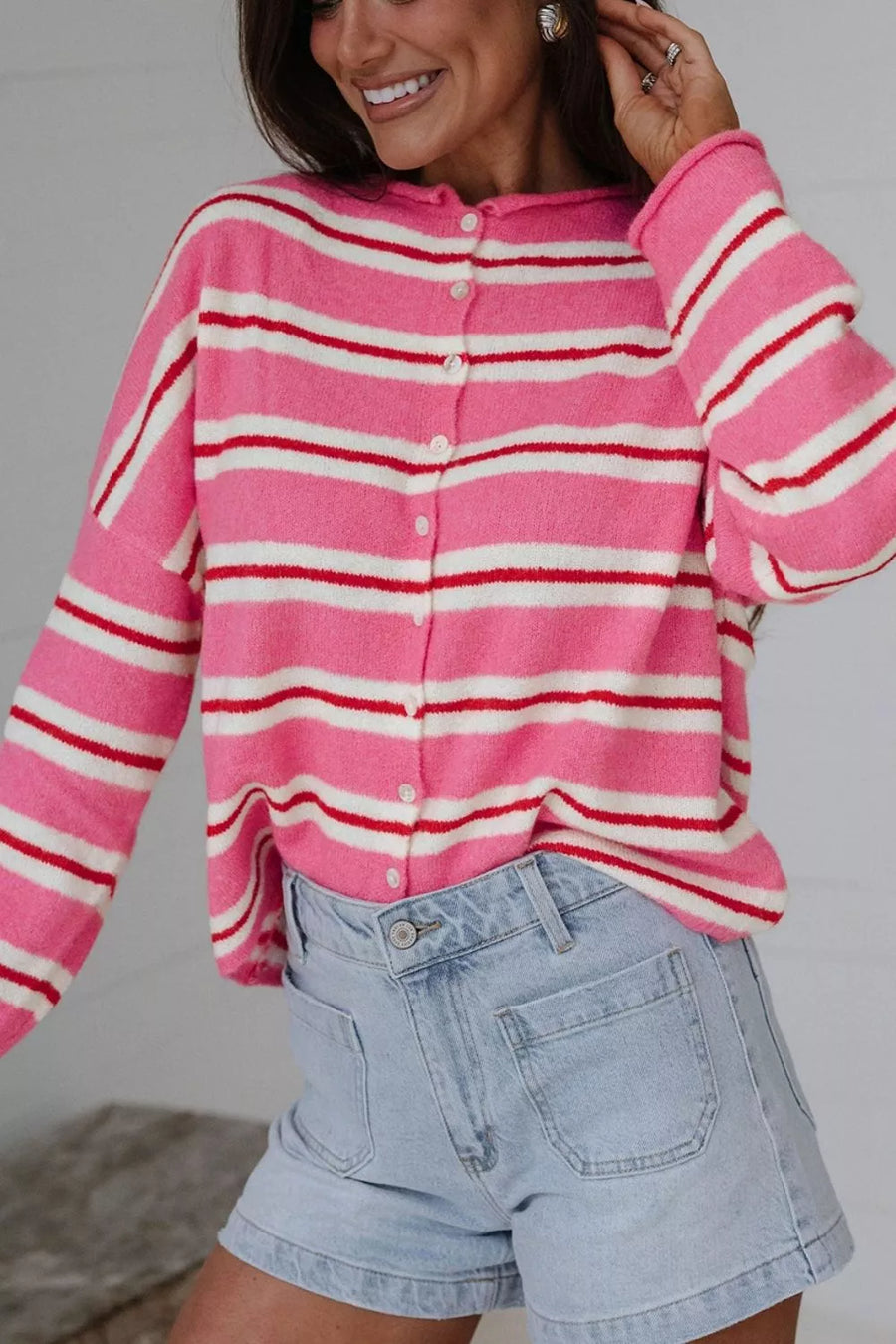 Pink with Striped Button-up Cardigan