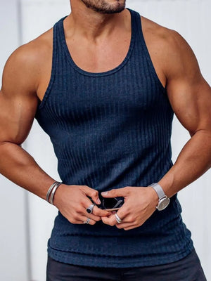Navy ribbed tank top with sculpted fit and scoop neck