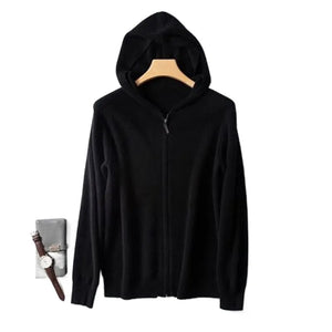 Black cashmere hooded zip-up sweater with long sleeves and a full zipper closure.
