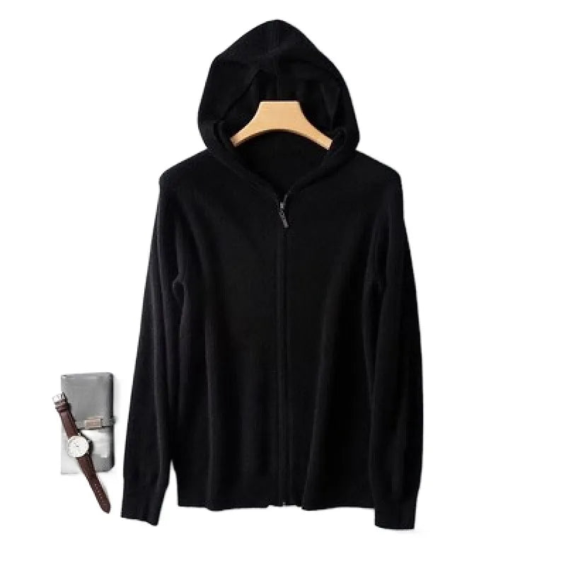 Black cashmere hooded zip-up sweater with long sleeves and a full zipper closure.
