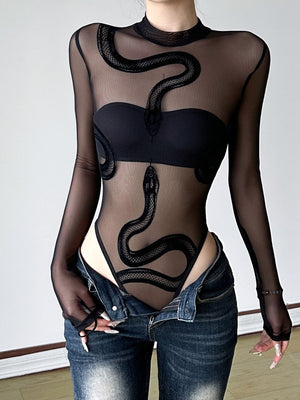black bodysuit with snakeskin and mock neck