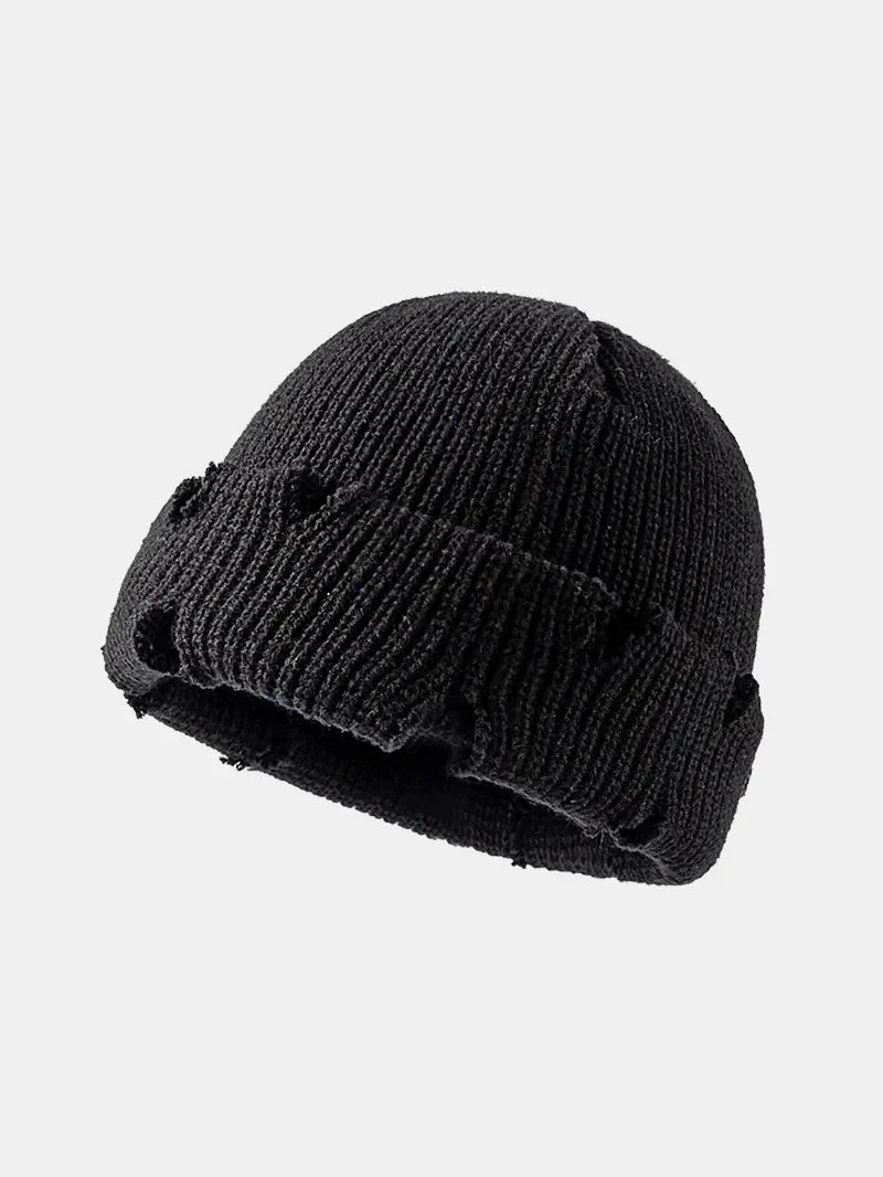 Black distressed ribbed knit beanie with frayed edges