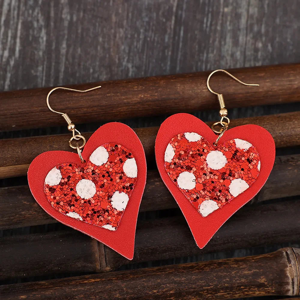 Red polka dot glitter heart drop earrings with gold hooks
