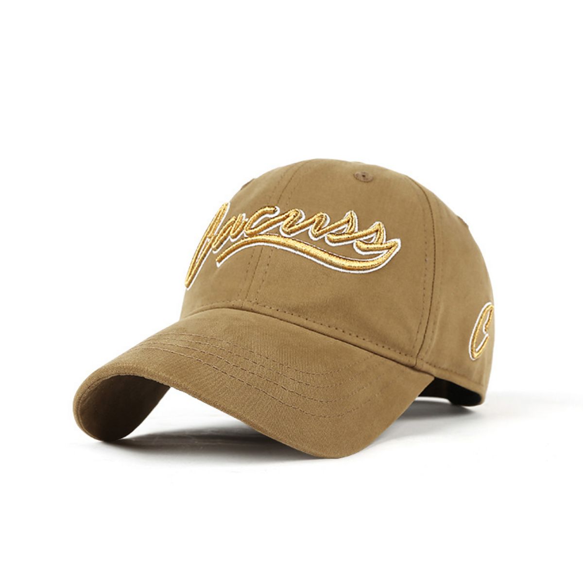 Curry cotton baseball cap with gold embroidered text and logo detail