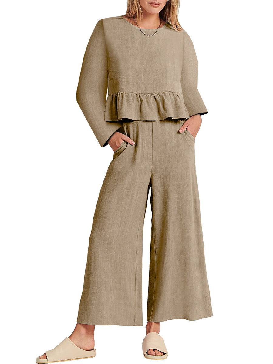 Khaki ruffled hem two-piece set with wide leg pants and pockets.