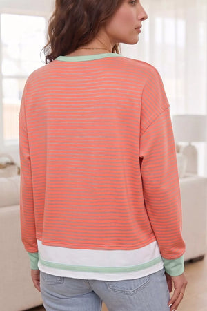 Burnt Coral with Stripe Colorblock Raw Seam Long Sleeve Tunic