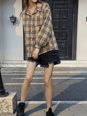 Plaid Button Up Long Sleeve Shirt in Khaki