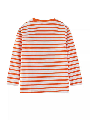 Baby long-sleeve tee with orange and white stripes.