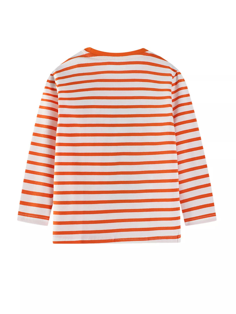 Baby long-sleeve tee with orange and white stripes.