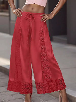 Green Lace Trim Wide-leg Cropped Pants